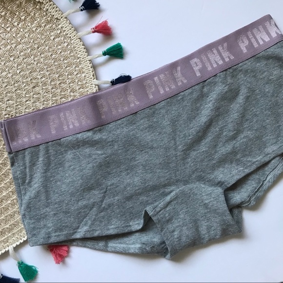Victoria’s Secret PINK Logo Boyshort Panty Gray with Lilac Band Medium NEW - Picture 1 of 3